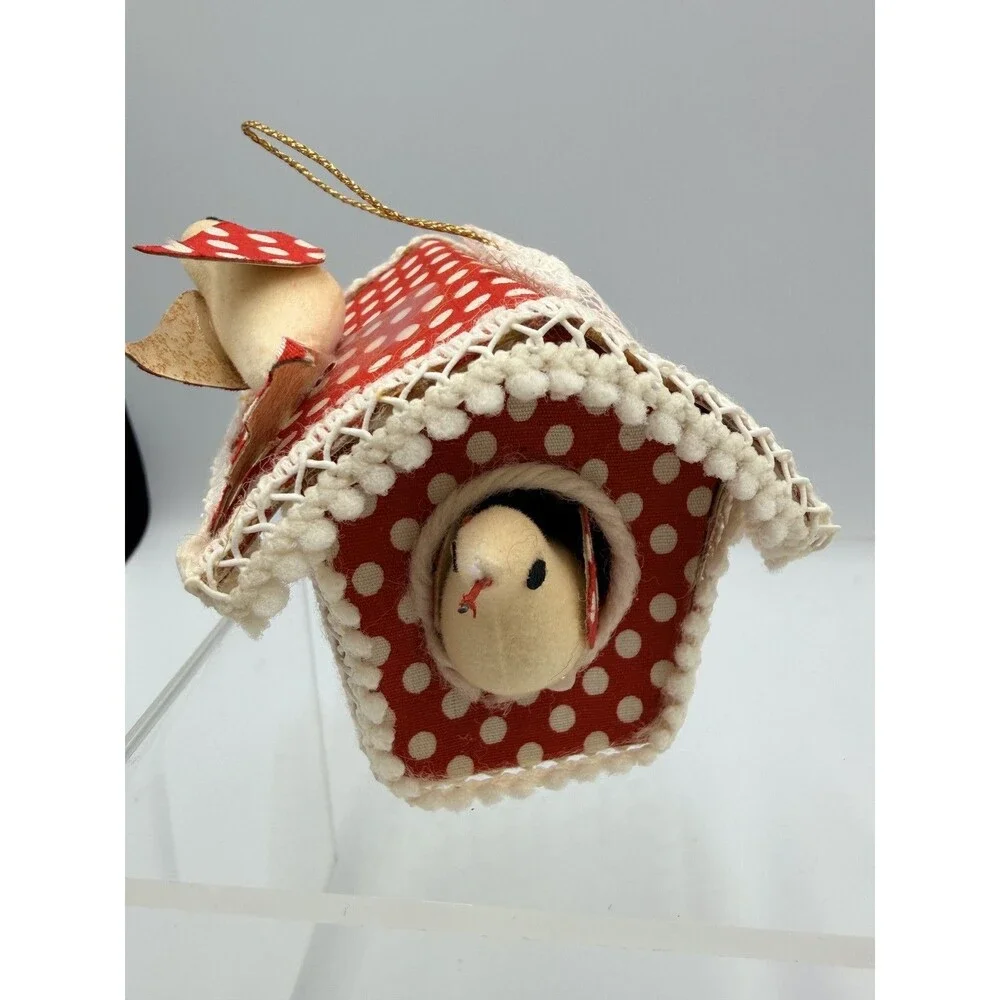 Vintage JAPAN Red Polka Dot Birdhouse Christmas Ornament W/ Two Birds Pom Pom